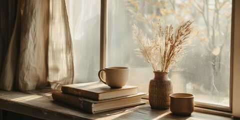 A peaceful, slow-living-inspired home interior with warm beige and earthy accents