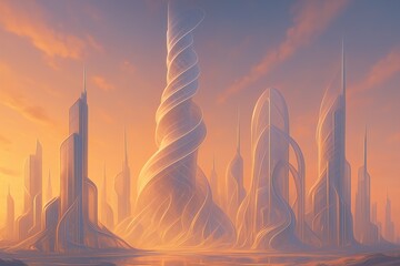 Futuristic City with Spiral Towers and Liquid Architecture