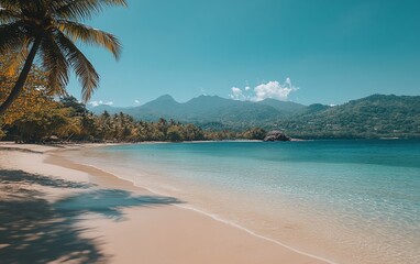 Scenic sandy beach with palm trees and clear turquoise water. Mountains in the background on a sunny day