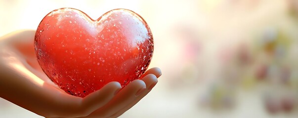 Hands hold glass heart, sunlit background. Love, care concept
