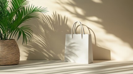 White Paper Shopping Bag with Tropical Plant and Soft Light