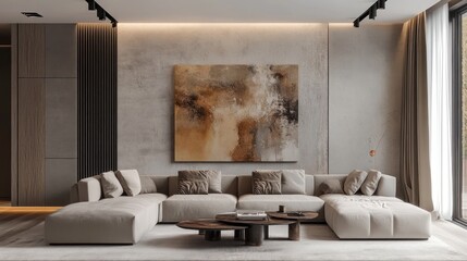 Modern living room interior design, beige sofa, abstract art