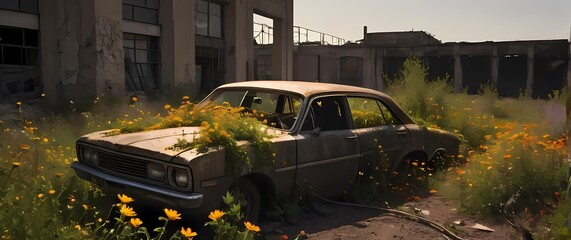 Wildflowers and vines breaking down aged concrete around rusting car carcasses in abandoned urban wasteland