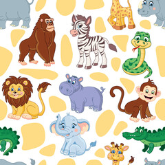 Naklejka premium Seamless pattern with African animals. Lion, elephant, giraffe, rhinoceros, monkey, snake,crocodile. hippopotamus illustration for kids