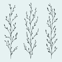 Obraz premium Hand drawn wild flowers Botanical drawing. Simple line art frieze, stems illustration. Black and White Meadow herbs. Stylized blooming twigs plants. Set of outline doodle floral sketch Leaves border