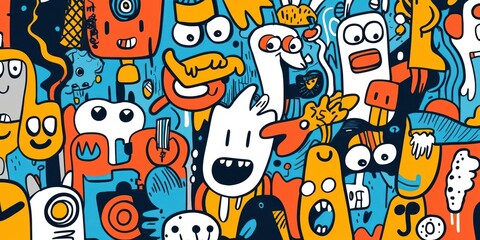 A playful collection of hand-drawn doodles featuring quirky characters, abstract shapes, and fun symbols