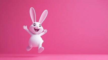 Joyful bunny character hopping happily in a vibrant pink setting with a smile image