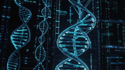 Abstract View of Multiple Glowing Blue DNA Genetic Code Strands