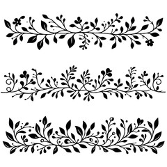 Hand drawn wild flowers Botanical drawing. Simple line art frieze, stems illustration. Black and White Meadow herbs. Stylized blooming twigs plants. Set of outline doodle floral sketch Leaves border