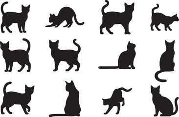 Set of Black Cat Silhouettes in Various positions.  vector illustration.