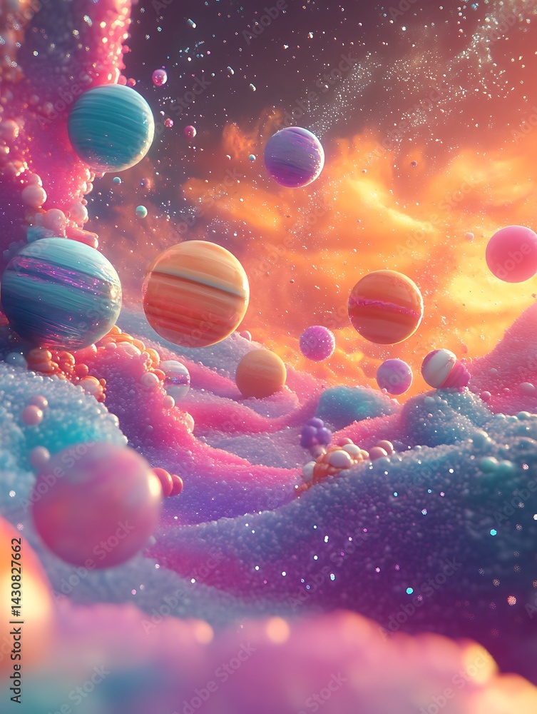 Poster abstract cosmic landscape with floating planets and sparkling particles in a vibrant sky
