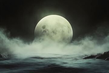 A dramatic nocturnal landscape under a luminous full moon.