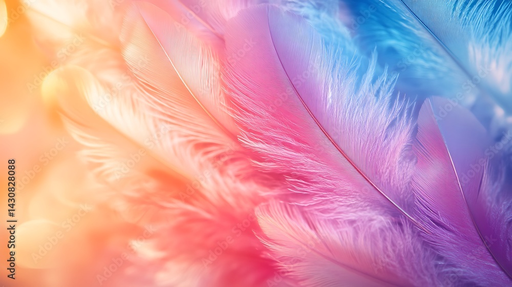 Poster vibrant gradient feather texture, colorful feathers in soft focus with a vibrant gradient background