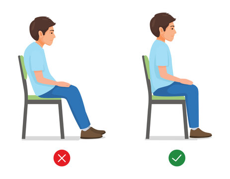 correct and incorrect sitting body postures of man. Bad and good spine seat position