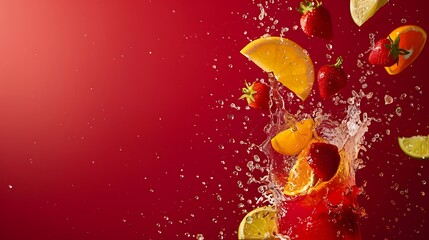 A refreshing splash of fruit punch with floating fruit pieces against a solid red backdrop.