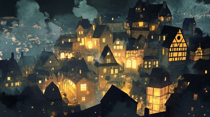 Obraz premium Hilly village scene with illuminated buildings and hazy night sky