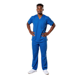 A confident young Black male healthcare professional in blue scrubs, standing against a dark background with hands on hips, showcasing pride in his role within the medical field