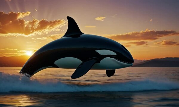 The orca, with its distinctive black and white markings, is positioned centrally, creating a striking contrast against the warm hues of the sky.