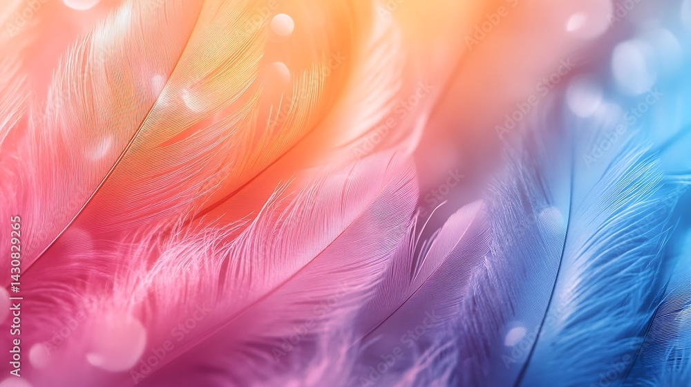 Poster vibrant gradient feather texture, colorful feathers in soft focus with a vibrant gradient background