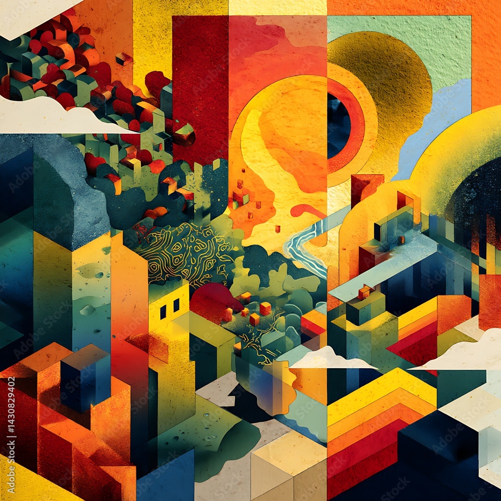 Poster abstract geometric composition with colorful shapes and patterns in vibrant style
