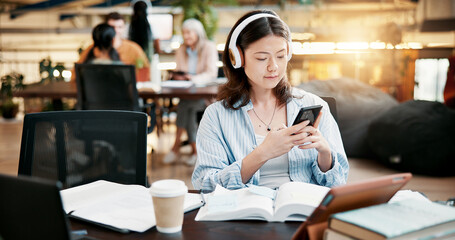 Student, smartphone and woman in library, headphones and sound with studying podcast. Streaming...