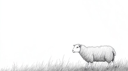 Hand-drawn illustration of a sheep grazing in a field