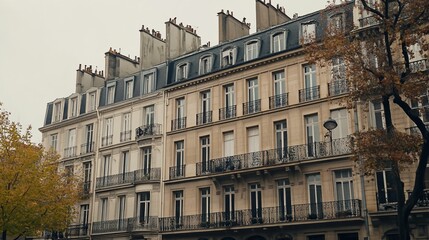 Naklejka premium European urban architecture with balconies and autumn trees under a cloudy sky
