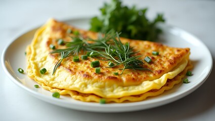 Omelet with fresh herbs served hot and fluffy on a white plate with white background
