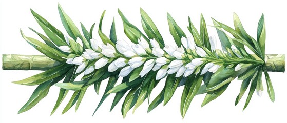 Fototapeta premium Watercolor Painting of White Flowers and Green Leaves
