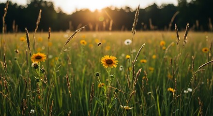 Sunflowers and Grass Meadow at Sunset with Flying Insect
