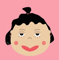 Obraz premium Funny girl with dark hair and half-open eyes with pink background