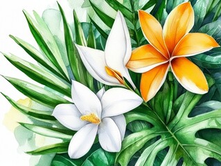 Obraz premium Tropical Watercolor Flowers and Leaves