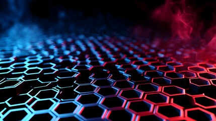 Obraz premium Abstract hexagonal grid pattern with vibrant neon light and smoke effects.