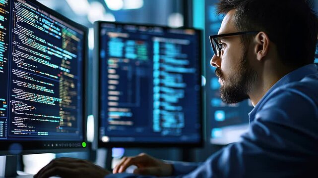 Tech expert examines AI-driven big data in a cutting-edge datacenter environment.