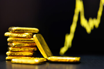 Close up photo a gold bars the candlestick chart.  background , Fluctuations in gold prices concept.