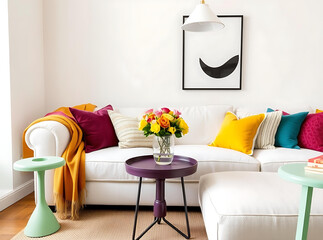 Colorful Living Room with White Sofa, Bright Pillows, Abstract Art & Flowers