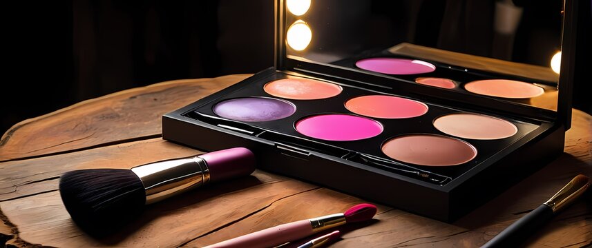 Vibrant makeup palette including eyeliners lipsticks and blush brushes arranged artistically on rustic wood
