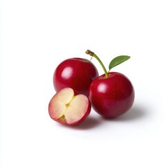 Three shiny red cherries isolated on white background
