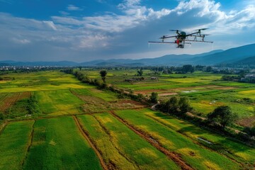 Fototapeta premium Agricultural aircraft sprays pesticides on large fields of crops