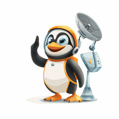 Obraz premium Cartoon vector illustration of a penguin cosmonaut saluting in front of a small satellite dish on white background