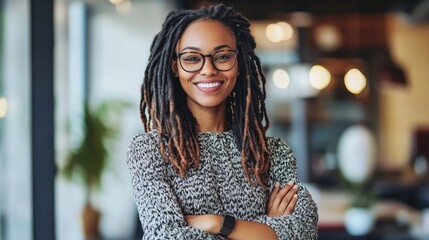 A smiling woman with long, gray dreadlocks wears round glasses and a black turtleneck