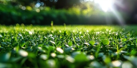 Naklejka premium A serene park setting featuring a grassy field and colorful plants.
