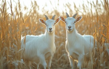 Naklejka premium Two white goats stand in a golden field, looking at the viewer with friendly expressions