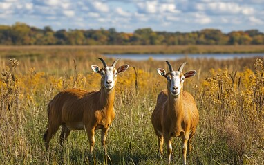 Fototapeta premium Two tan sheep gaze from tall, dry grass. Distant trees and water under a cloudy sky