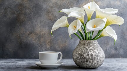 Clean workspace with white flowers in a textured vase and a cup of coffee beside it