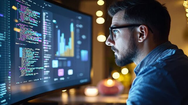 Focused software engineer strategizing e-commerce application development through data analysis insights.