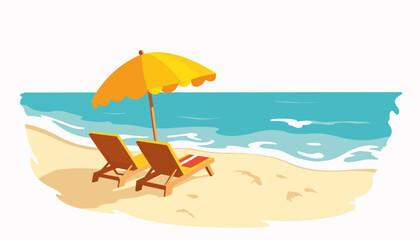 Sunny beach scene with umbrella and loungers, summertime relaxation