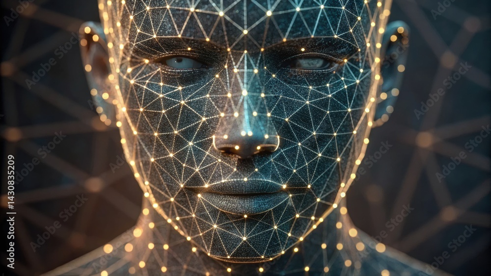 Poster a futuristic geometric face composed of interconnected lines and lights, representing advanced techn