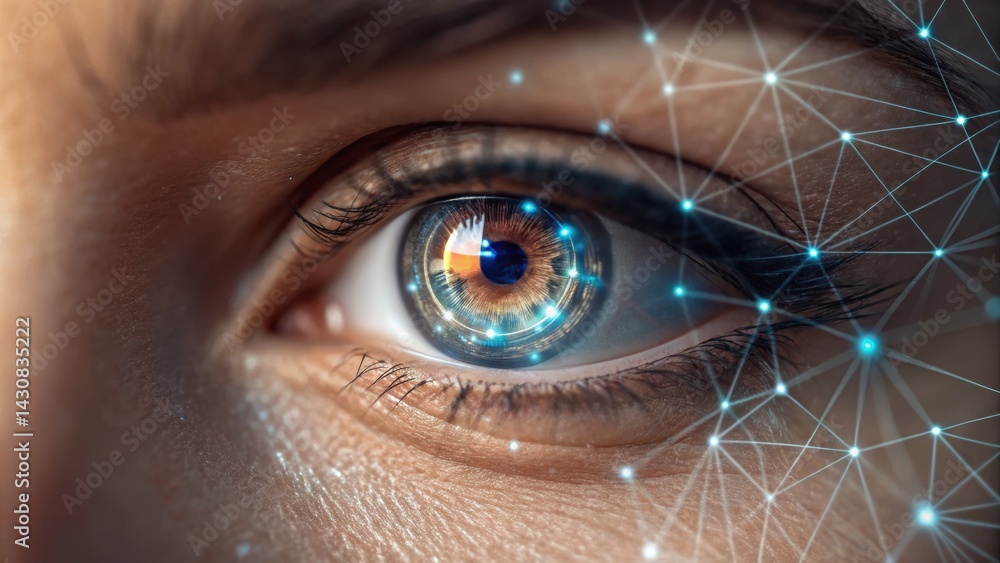 Poster a close-up of a human eye with digital network patterns highlighting technology and connectivity.