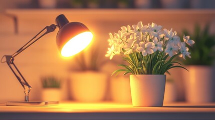 Cozy desk corner with a glowing lamp and a pot of fresh white flowers as decor